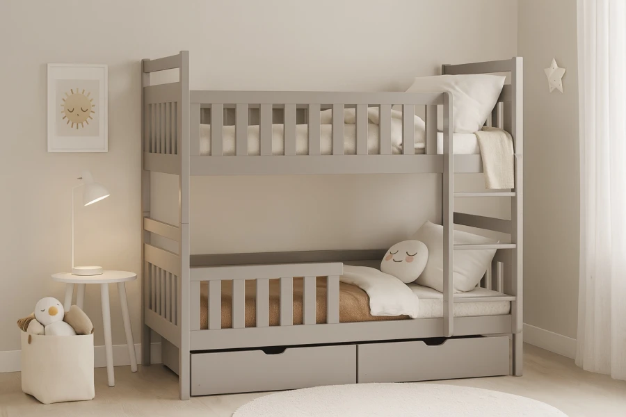 Gezellige kinderkamer met grijs stapelbed, bedlade en kindvriendelijke decoratie.