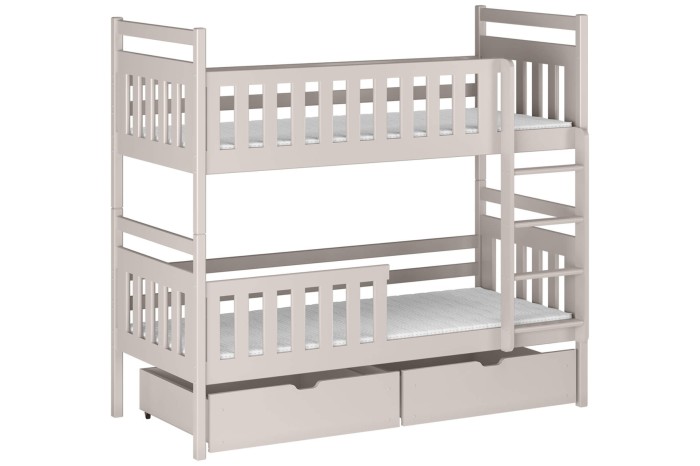 Grijs massief houten stapelbed voor kinderen met praktische laden en veiligheidsrek.
