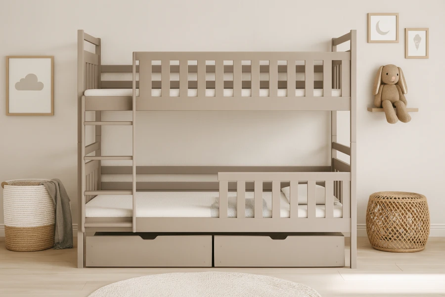 Stijlvol stapelbed in beige met opbergladen in een lichte kinderkameromgeving.