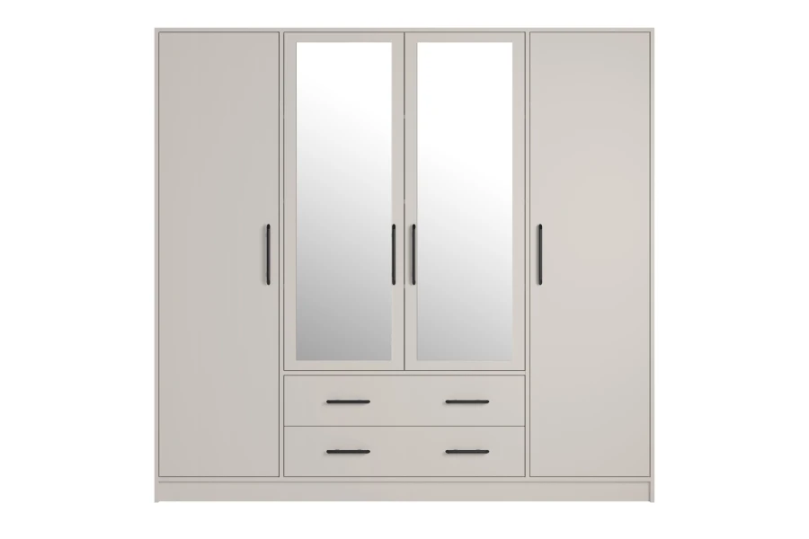 Moderne 4-deurs kledingkast in beige met twee spiegeldeuren, zwarte handgrepen en twee laden.