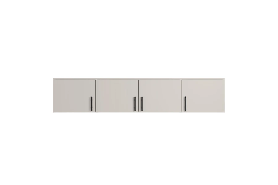 4-türiger Aufsatzschrank in Beige mit schwarzen Griffen zur Erweiterung des Stauraums über dem Kleiderschrank.