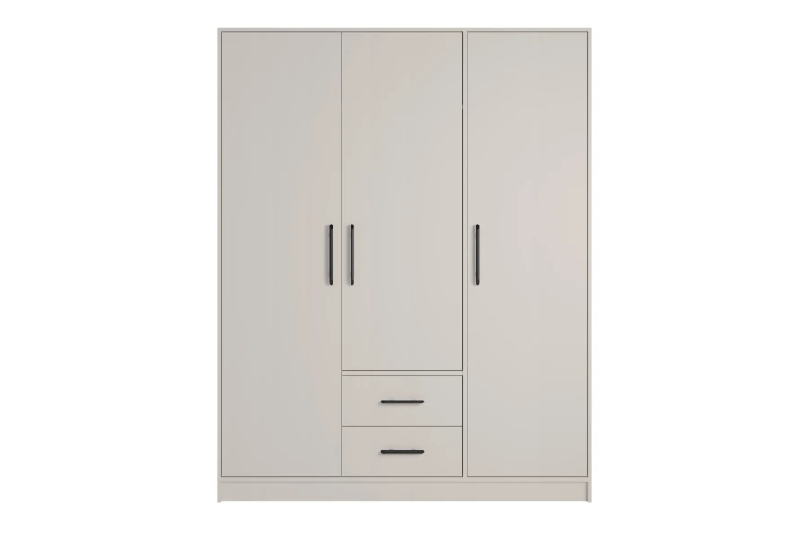3-türiger Kleiderschrank in Kaschmir Beige mit 2 Schubladen und schwarzen Griffen.