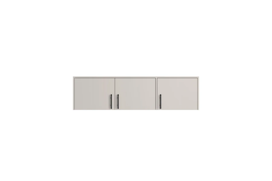 Passender Aufsatzschrank mit 3 Türen in Beige und schwarzen Griffen zur Erweiterung des Kleiderschranks.