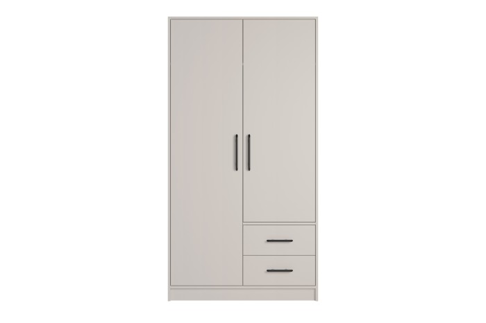 Moderner zweitüriger Kleiderschrank in Cashmere mit zwei Schubladen und schwarzen Griffen.