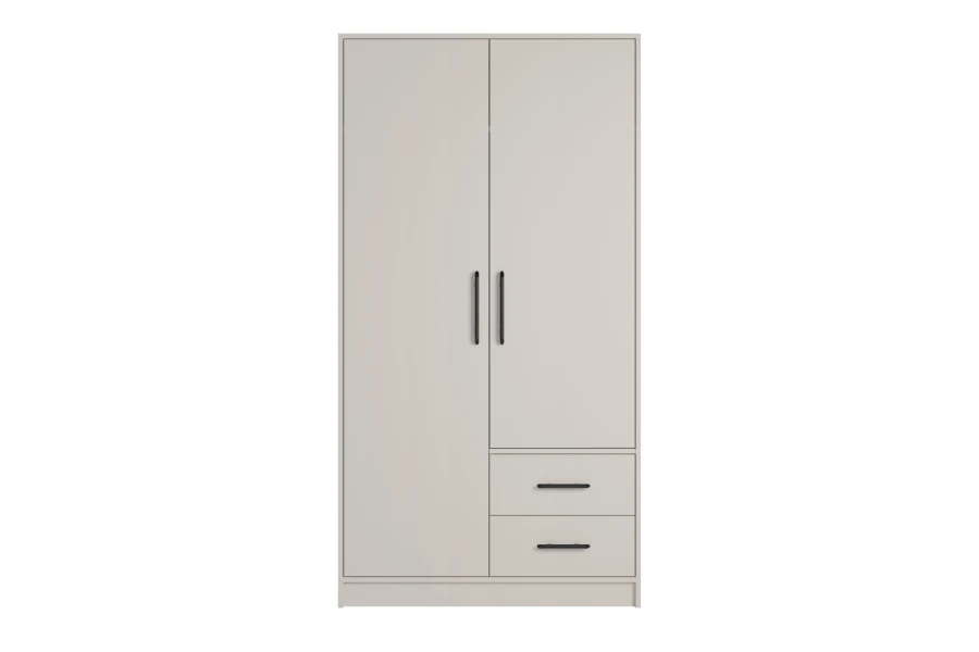 Moderner zweitüriger Kleiderschrank in Cashmere mit zwei Schubladen und schwarzen Griffen.