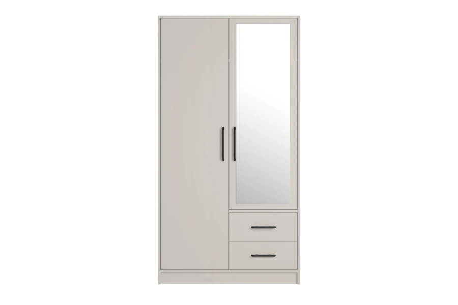 Schmaler Kleiderschrank in Cashmere mit Spiegeltür, zwei Schubladen und schwarzen Griffen.
