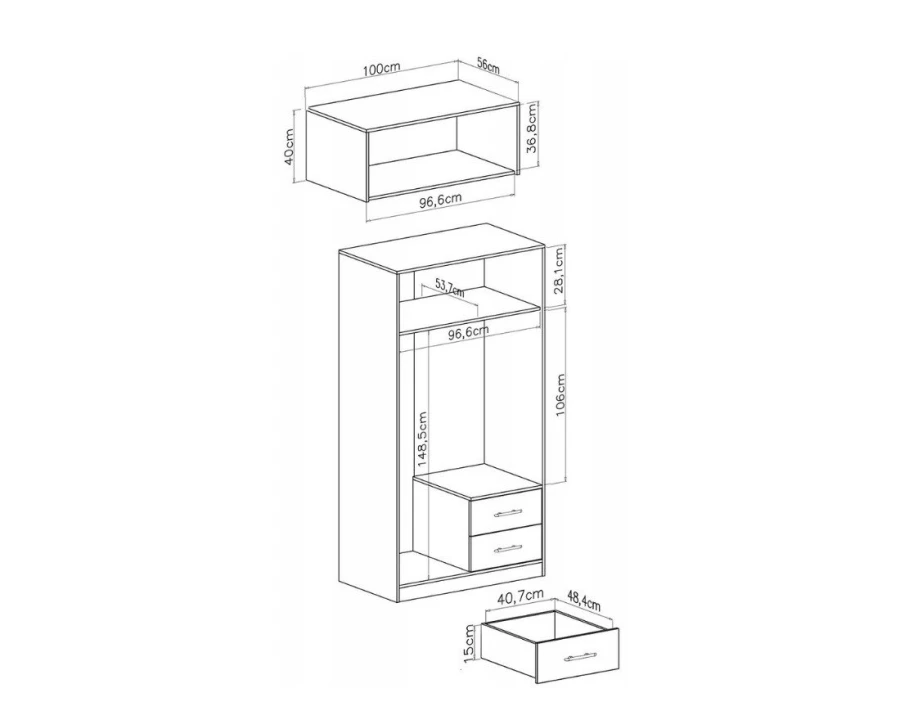 Technische Zeichnung mit Maßen für einen Kleiderschrank mit Aufsatzmodul.