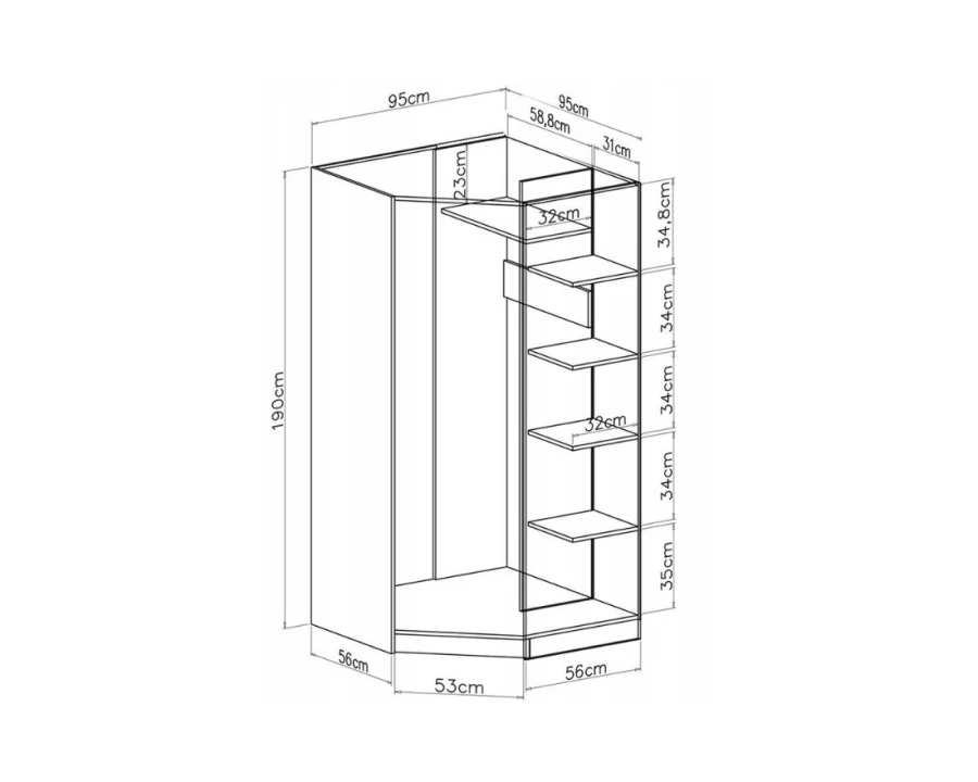 Eckkleiderschrank Innenansicht Skizze mit Maßen 190x95x95 cm und Regaleinteilung.
