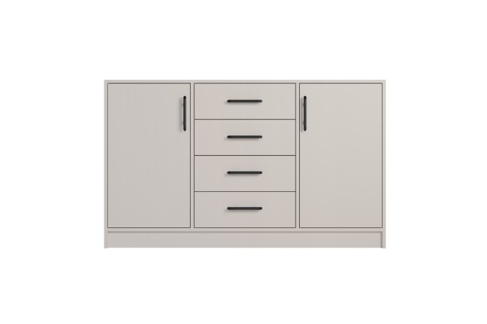 Frontansicht eines modernen beigen Sideboards mit vier Schubladen und zwei Türen.