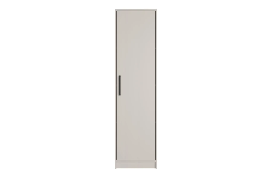 Hoher eintüriger Kleiderschrank in Beige mit modernem schwarzen Griff vor weißem Hintergrund.