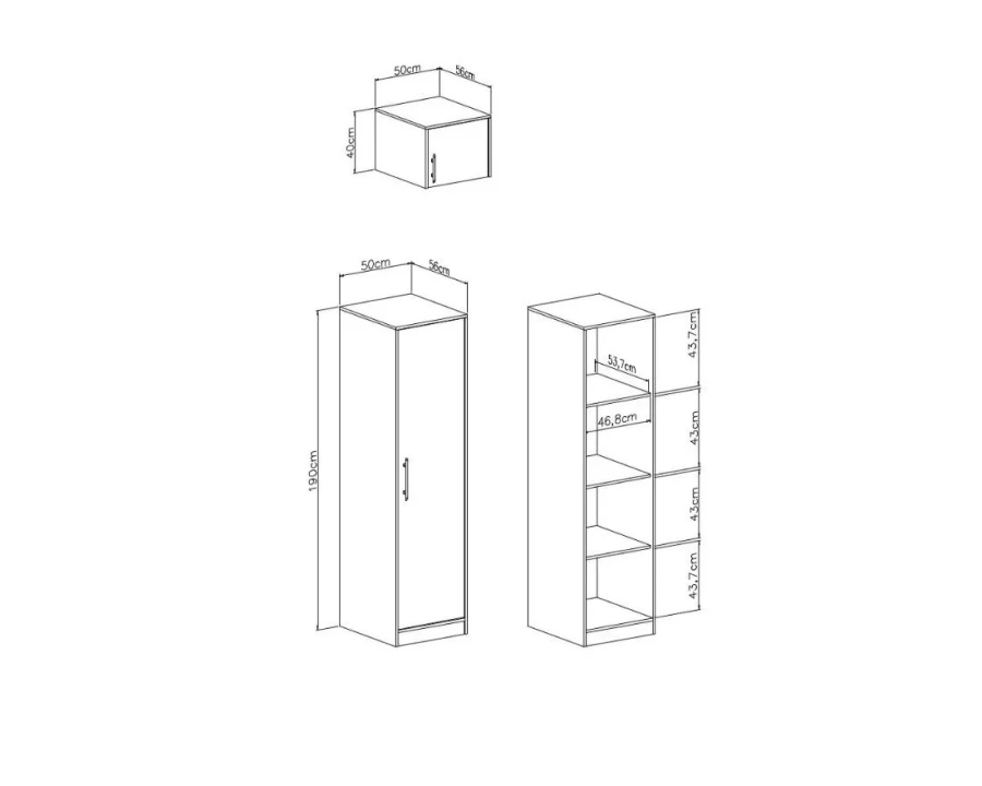 Maßskizze für Kleiderschrank-Elemente mit genauen Zentimeterangaben der Bauteile.