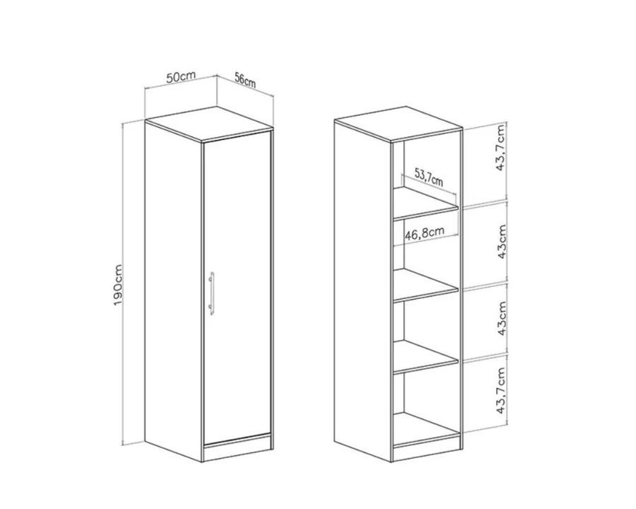 Maßskizze für hohen Kleiderschrank mit 190cm Höhe und detaillierten Fachmaßen.
