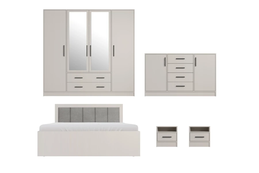 Set-Übersicht: Kleiderschrank, Bett, Sideboard und Nachttische in aufeinander abgestimmtem Beige.