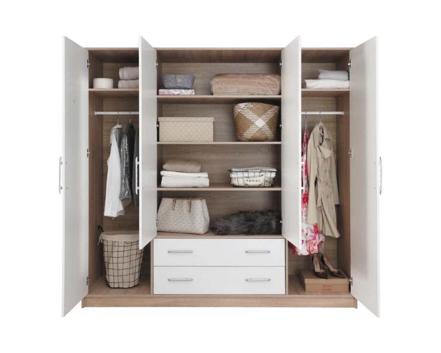Offener Kleiderschrank mit Einlegeböden, Kleiderstange und Schubladen für Ordnung im Schlafzimmer.