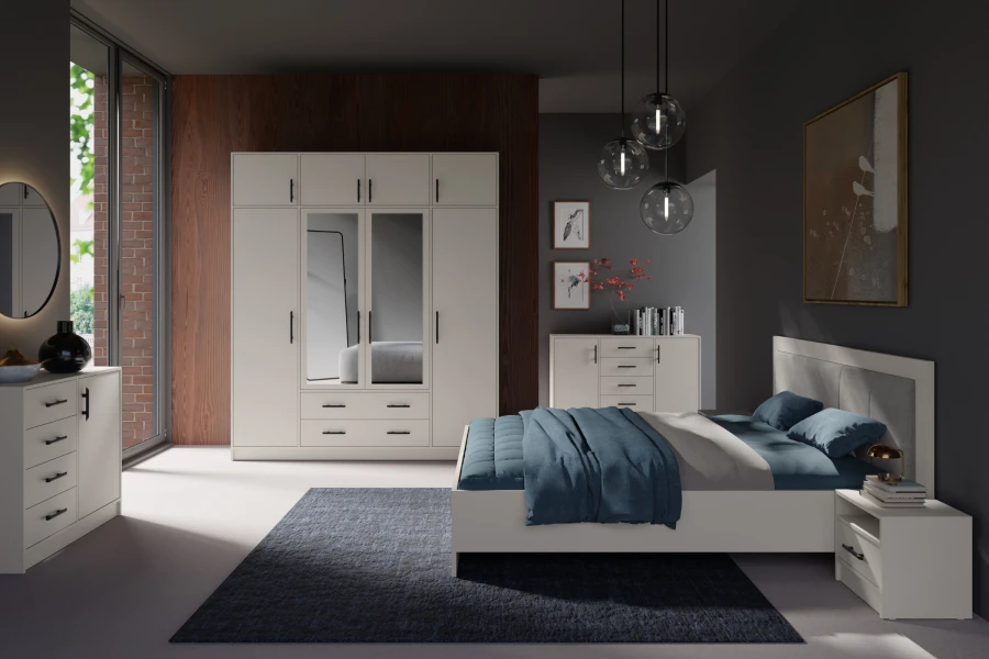 Stilvolles Schlafzimmer-Set mit großem Kleiderschrank, Doppelbett und Kommode in modernem Design.
