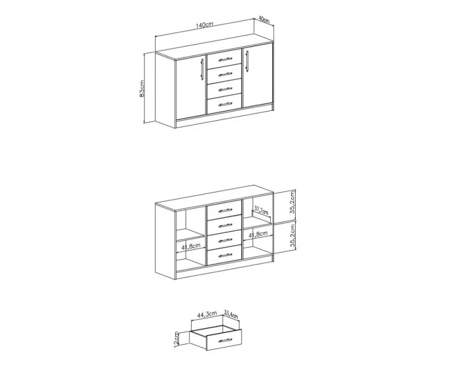 Maßskizze für Sideboard mit detaillierten Abmessungen für Türen, Schubladen und Fächer.