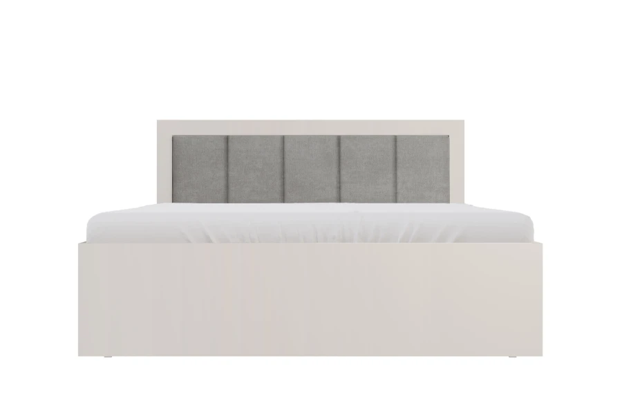 Modernes weißes Bett mit grau gepolstertem Kopfteil