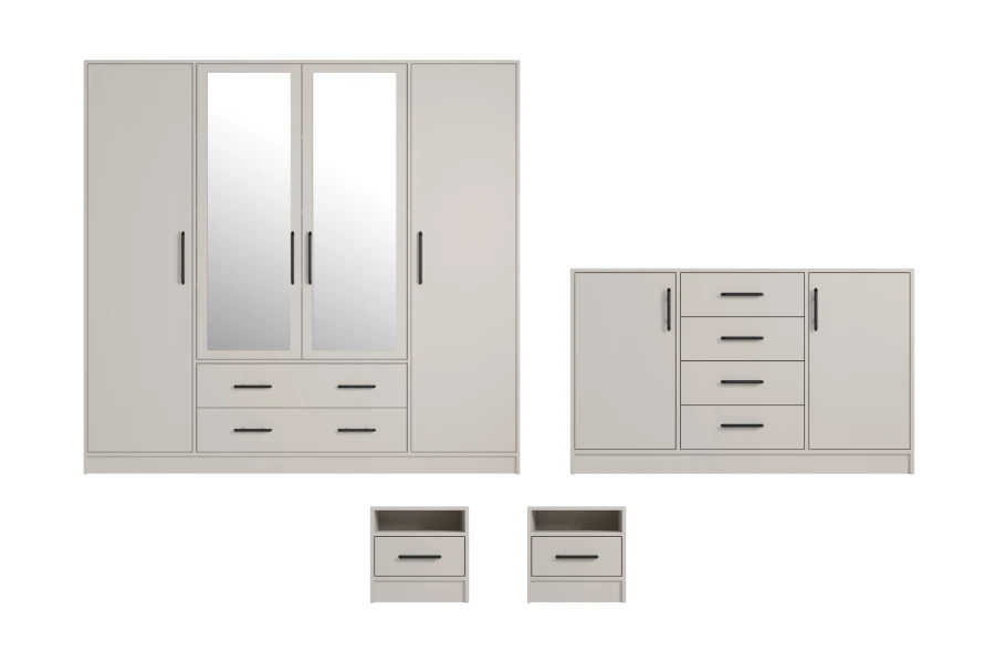 Möbelset in Cashmere-Optik: Kleiderschrank, Kommode und Nachtschränke