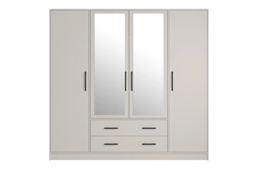 Moderner 4-türiger Kleiderschrank in Beige mit zwei Spiegeltüren und praktischen Schubladen.
