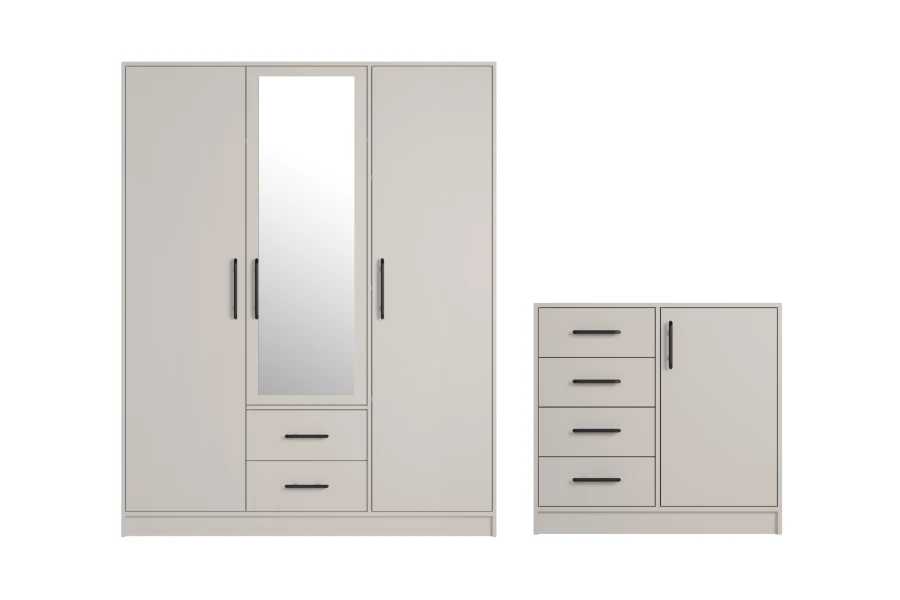 Möbelset bestehend aus einem Kleiderschrank mit Spiegel und einer passenden Kommode in Beige.