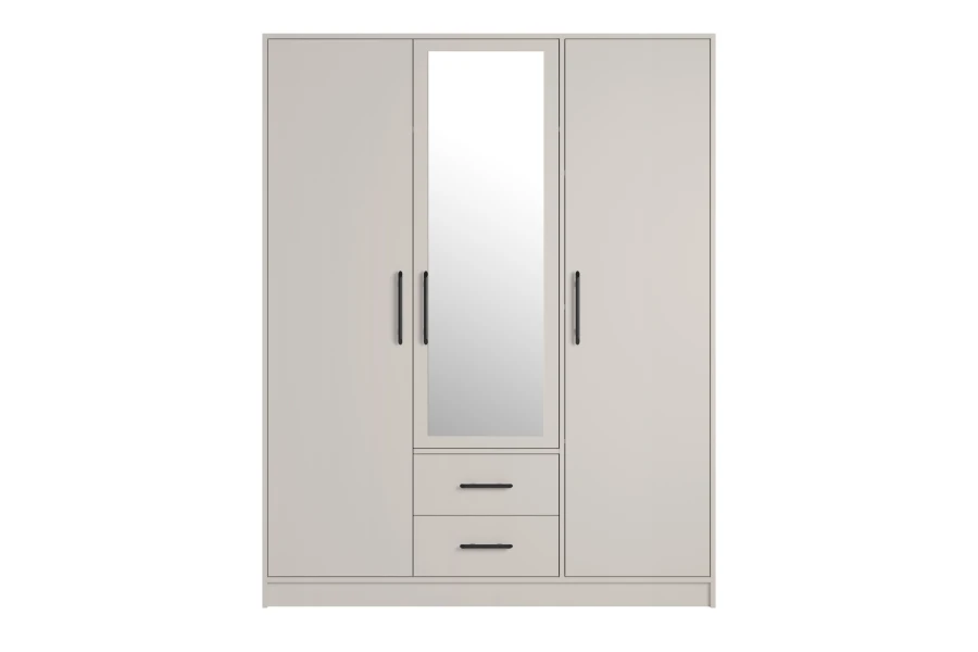 Dreitüriger Kleiderschrank in Cashmere mit Spiegel und zwei praktischen Schubladen.