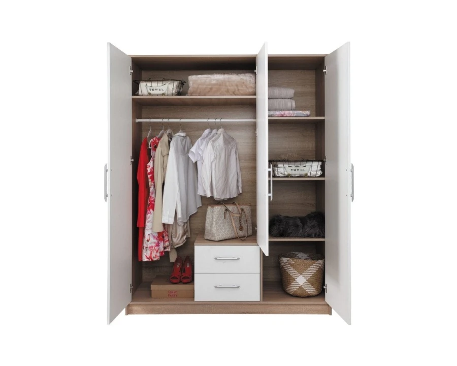 Offener Kleiderschrank mit Kleiderstange, Regalfächern und Schubladen für optimale Organisation.