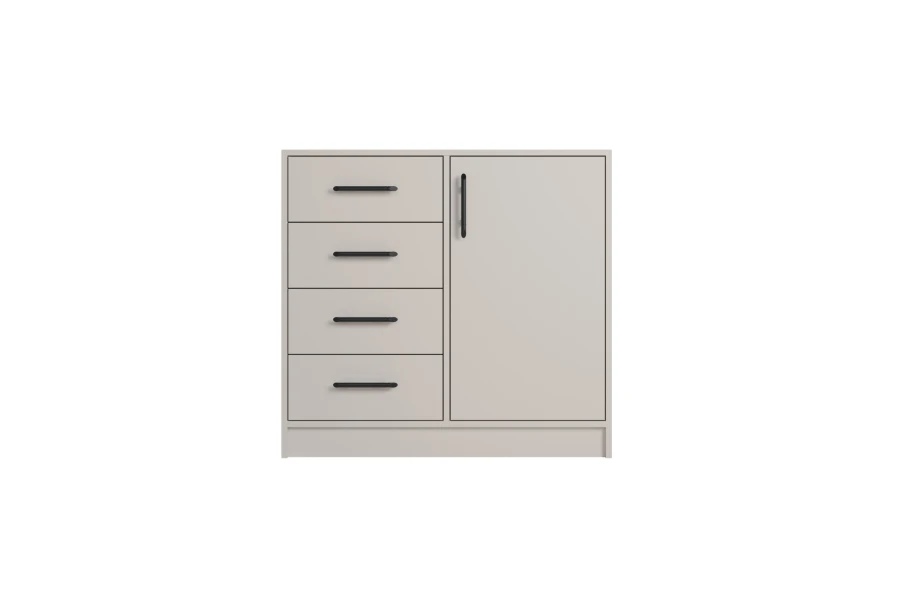 Moderne beige Kommode mit 4 Schubladen und einer Tür für das Schlafzimmer oder Wohnzimmer.