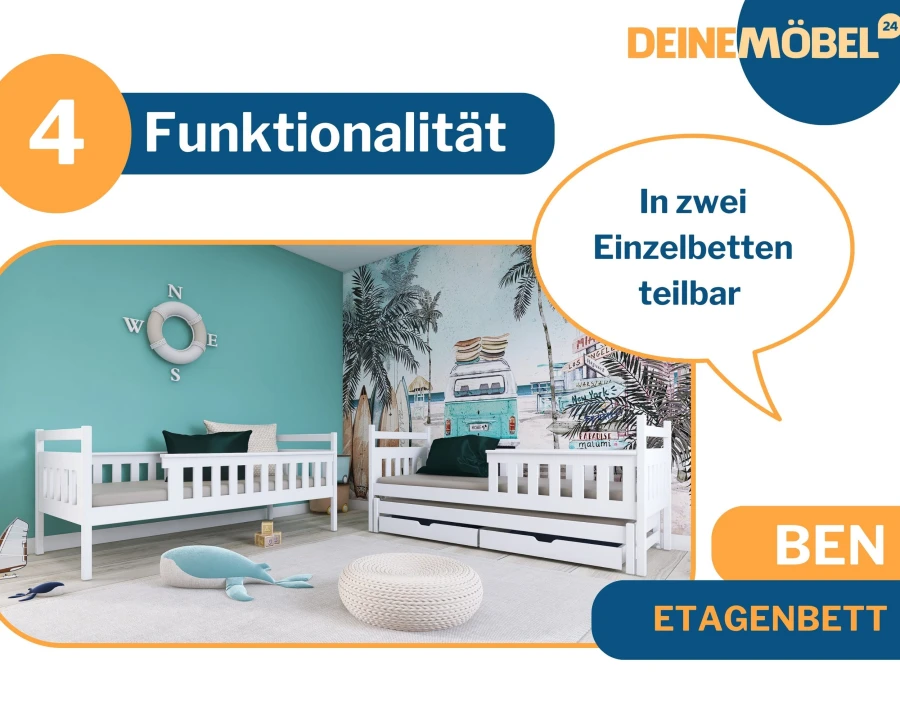 Ben stapelbed wit, deelbaar in twee eenpersoonsbedden voor flexibel ruimtegebruik in de kinderkamer.