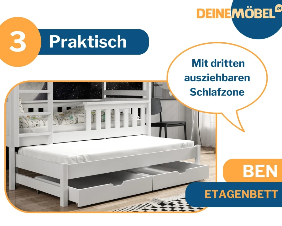 Ben bunk bed with pull-out third sleeping zone and two practical bed drawers.