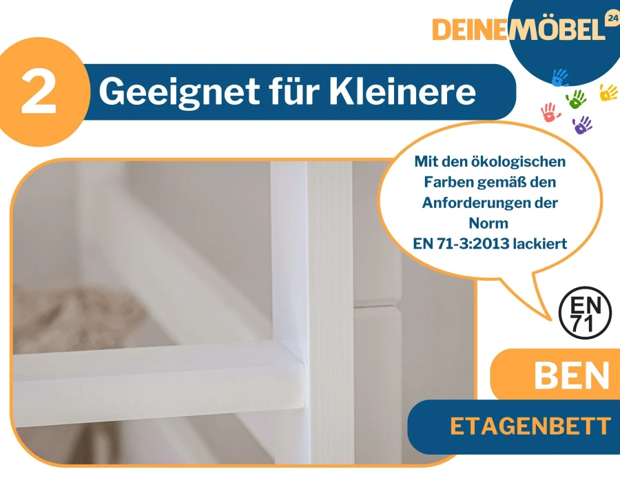 Ben stapelbed met ecologische lak volgens de EN 71-3:2013 norm voor maximale kindveiligheid.