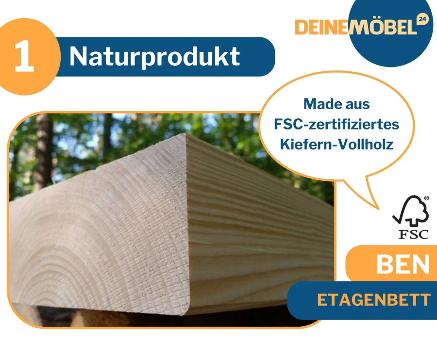 Ben stapelbed van massief FSC-gecertificeerd grenenhout als duurzaam natuurproduct.