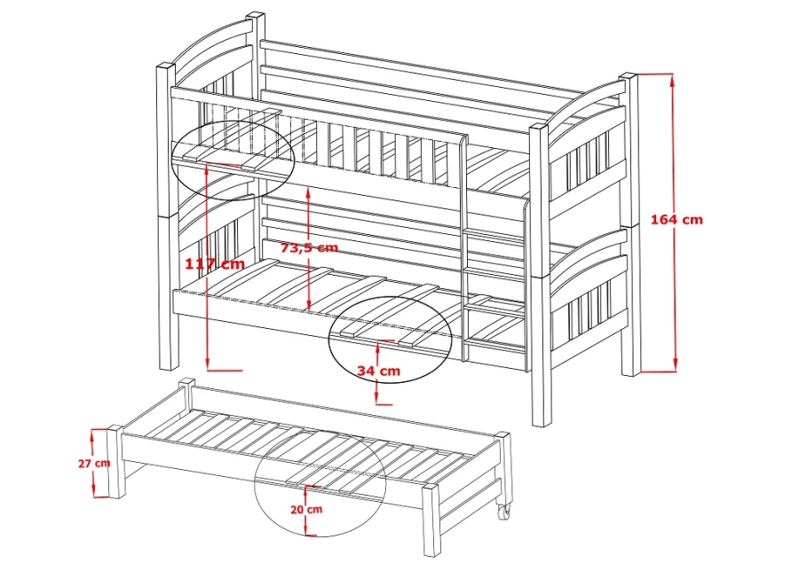 Dimensional sketch for white children's bunk bed with height and width specifications