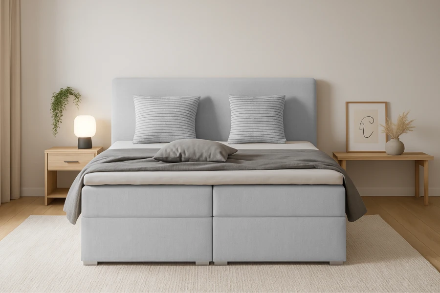 Modern lichtblauw boxspringbed in de slaapkamer met gestoffeerd hoofdbord en nachtkastje.