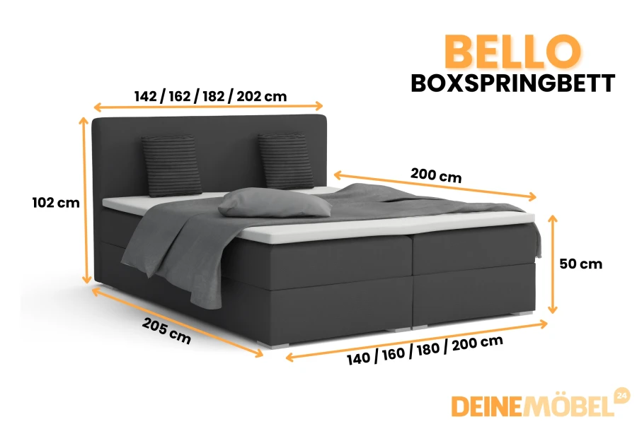 Dimensions and available sizes for the Bello box spring bed.