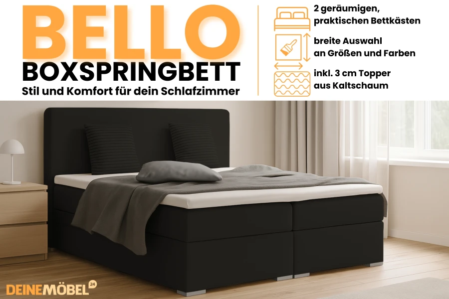 Bello boxspring bed in black with details of the storage box and cold foam topper.