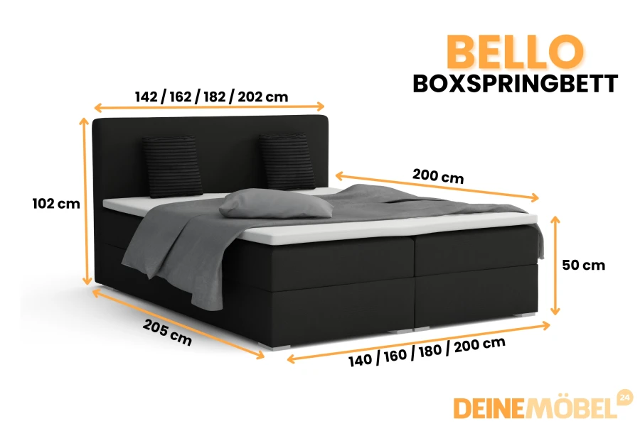 Zwart Bello boxspringbed met gedetailleerde afmetingen voor verschillende breedtes en hoogtes.