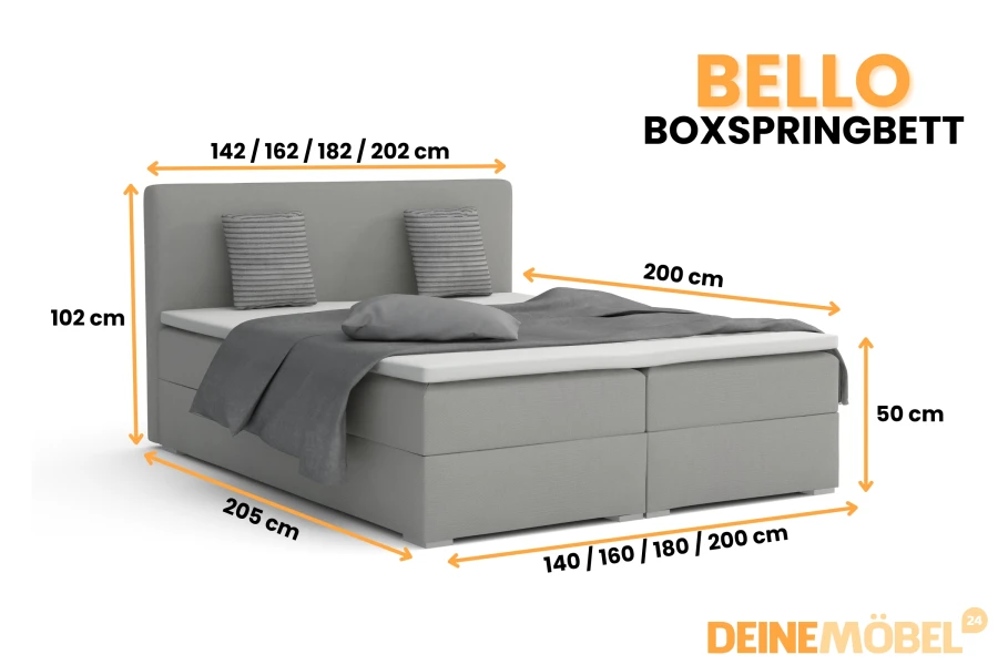 Maatoverzicht voor het grijze Bello boxspringbed met afmetingen voor het hoofdbord en het ligoppervlak.