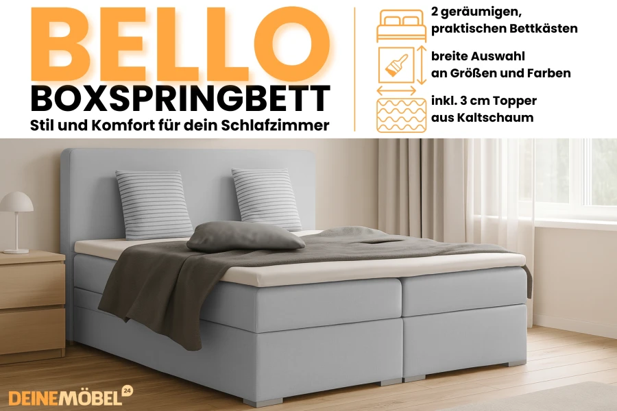 Bello boxspringbed in lichtblauw met productdetails van de opbergruimte en koudschuim topper.