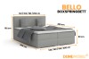 Bello boxspringbed in grijs met gedetailleerde afmetingen voor verschillende breedtes van 140 tot 200 cm.