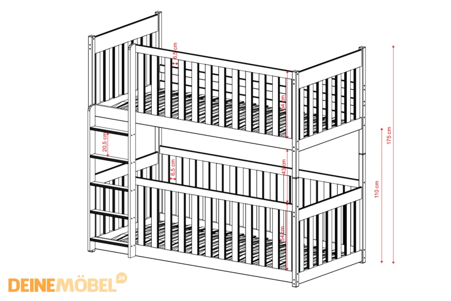 Technische tekening met afmetingen voor een houten stapelbed van Uw Meubels 24.
