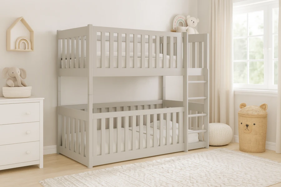 Grey bunk bed for children in a bright children's room with a white chest of drawers and decor.