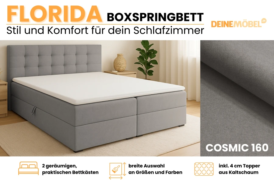 Übersicht der Vorteile des Florida Boxspringbetts mit Kaltschaum-Topper und Stoffauswahl.
