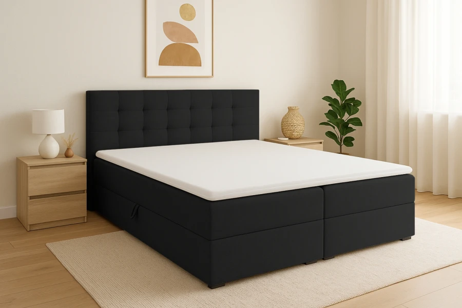 Schwarzes Boxspringbett Florida mit gestepptem Kopfteil in modernem Schlafzimmer.