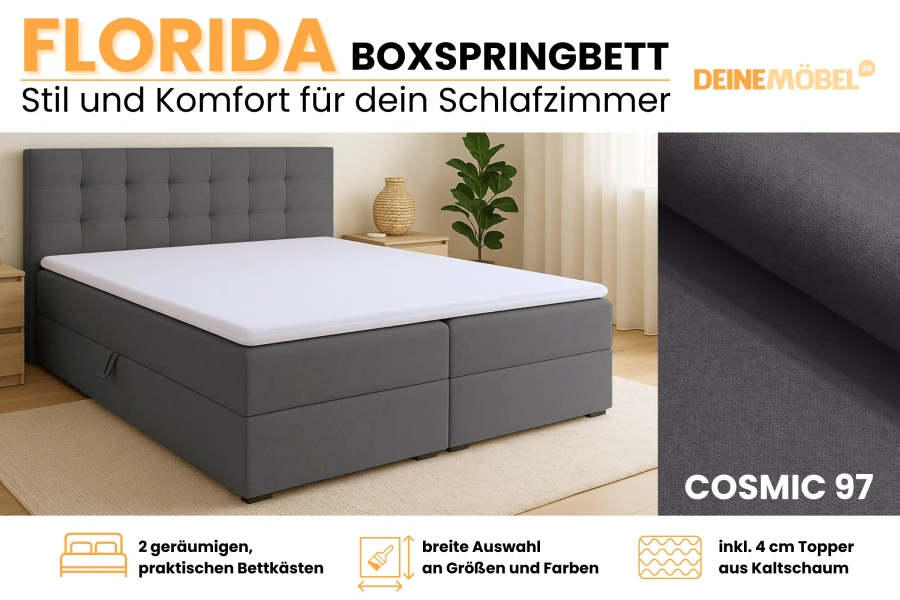 Infografik zum Boxspringbett Florida mit Bettkasten, Topper und Farbauswahl.
