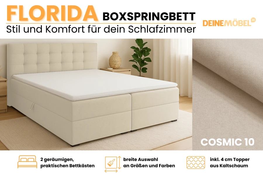 Florida Boxspringbett in Beige mit Bettkasten und Kaltschaum Topper – DeineMöbel24