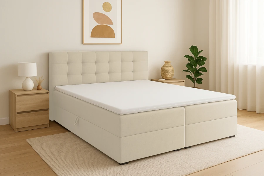 Modernes Boxspringbett Florida in hellem Beige Cosmic 10 mit gestepptem Kopfteil