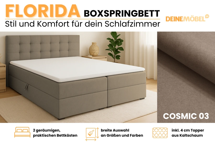 Florida Boxspringbett in Taupe Cosmic 03 mit Stauraum und Topper – DeineMöbel24