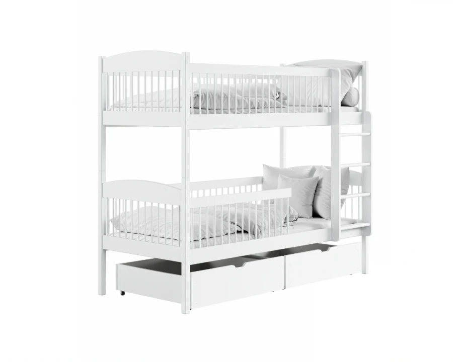 White bunk bed made of solid wood with safety guard, ladder and two roll-out drawers for storage.
