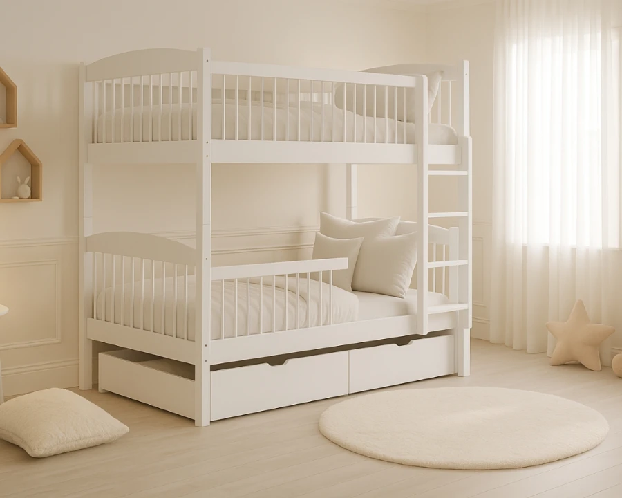 Hell eingerichtetes Kinderzimmer mit weißem Stockbett, rundem Teppich und gemütlicher Dekoration.
