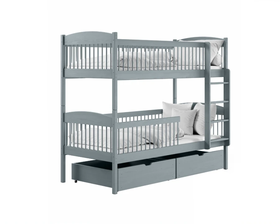 Graues Etagenbett aus Massivholz mit praktischen Schubladen.